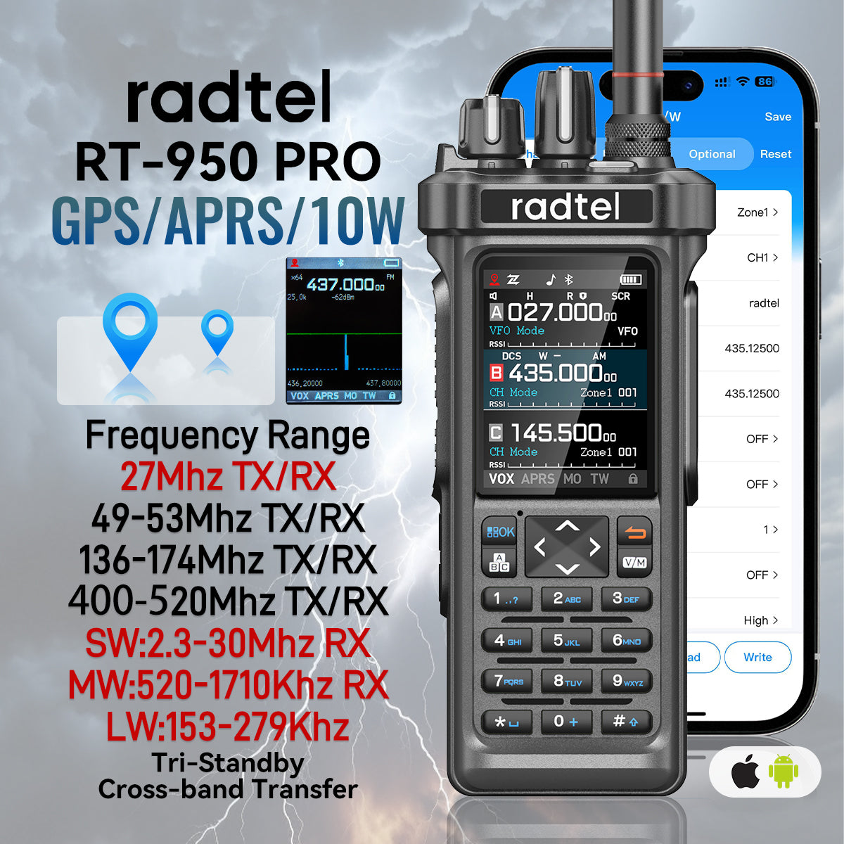 Radtel RT-950 PRO amateurradio, GPS/APRS, 10W walkie-talkie Radtel RT-950 PRO amateurradio, GPS/APRS, 10W walkie-talkie