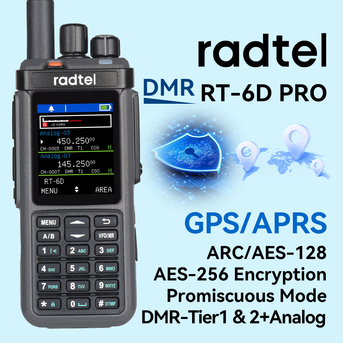 Radtel RT-6D Pro DMR Radio With GPS/APRS 500K Contacts Dual Band Walkie Talkie Dual Time Slot Two Way Radio Tier 1+2 Ham Radio 1024 Channels