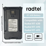 Radtel RT-630 RT-493 Battery Walkie Talkie Li-ion Battery Pack 2800mAh RT-495 TYPE C port for Radtel RT-630 RT-495 RT-493