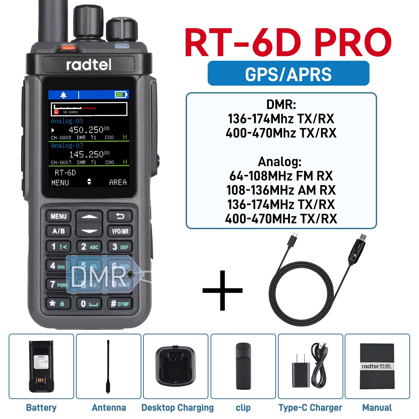 Radtel RT-6D Pro DMR Radio With GPS/APRS 500K Contacts Dual Band Walkie Talkie Dual Time Slot Two Way Radio Tier 1+2 Ham Radio 1024 Channels