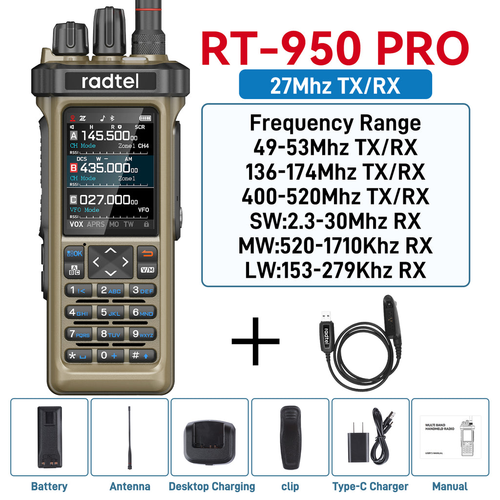 Radtel RT-950 PRO Brown Version (27Mhz TX/RX) 10W Walkie Talkie AM/FM ...