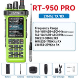Radtel RT-950 PRO Green (27Mhz TX/RX) 10W Walkie Talkie AM/FM/USB/LSB/CW Receive GPS/APRS Wireless Bluetooth Phone Programming NOAA Two Way Radio