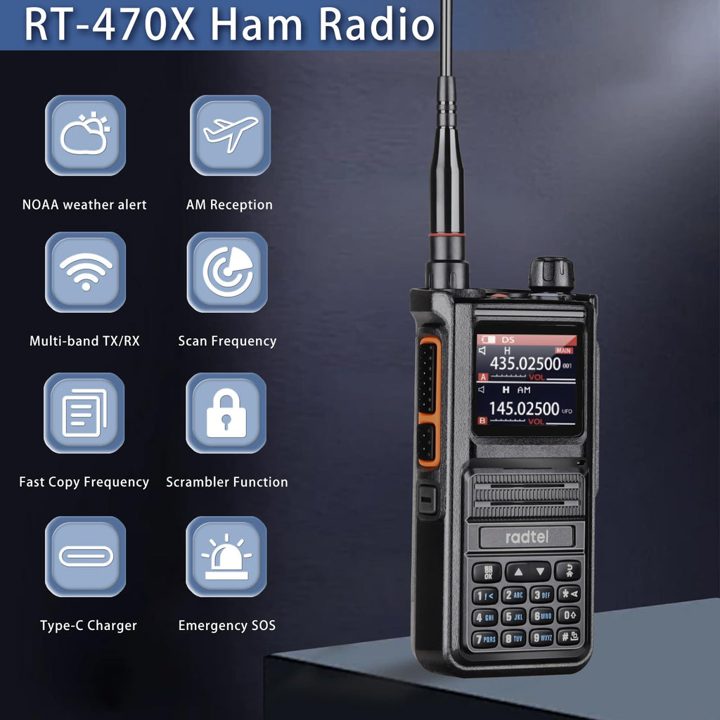 Radio Professionnelle 256 Canaux Talkie-walkie Radtel RT-470 10W Tri-Band - Réception Air Band, NOAA, écran Couleur Radio Professionnelle 256 Canaux Talkie-walkie Radtel RT-470 10W Tri-Band - Réception Air Band, NOAA, écran Couleur