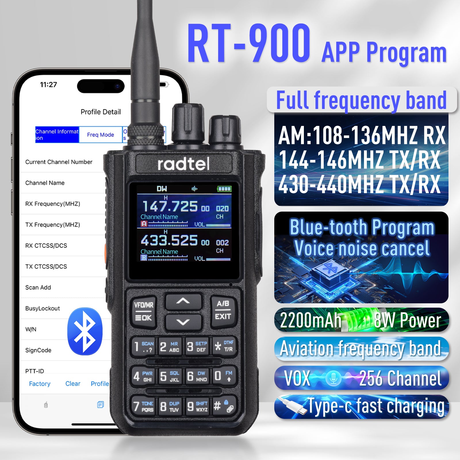 Radtel RT-900 10W Full band Ham Radio Walkie Talkie 256CH Air Band Tw ...