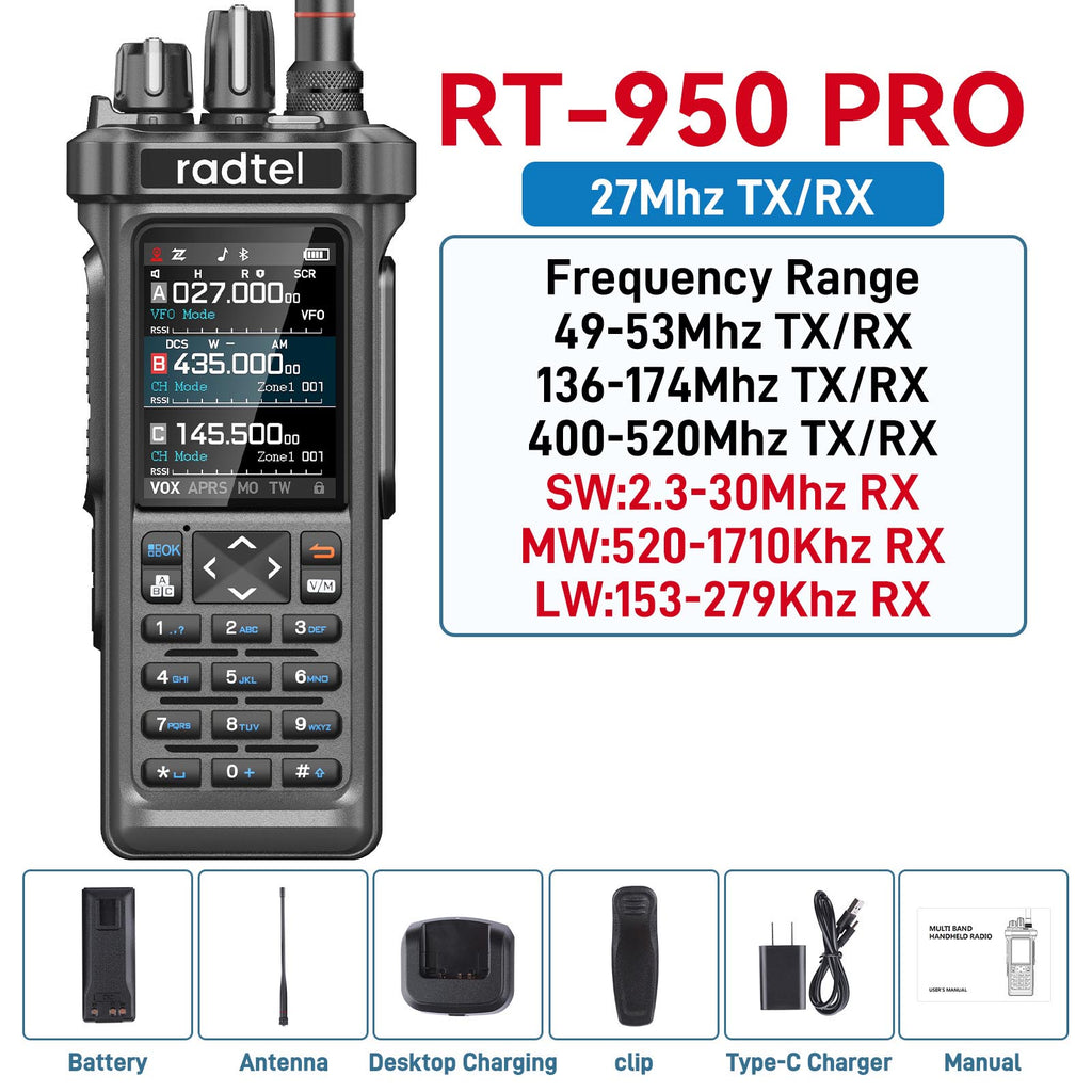 Radtel RT-950 PRO (27Mhz TX/RX) 10W Walkie Talkie AM/FM/USB/LSB/CW Rec ...