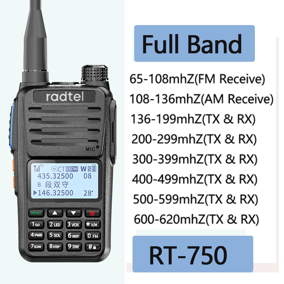 Radtel RT-750 Full Band Ham HT Radio 136-620Mhz Air frequency Receive