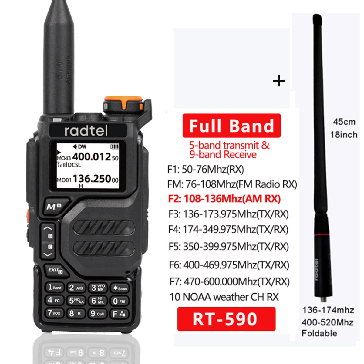 Radtel RT-590 Air Band Walkie Talkie Amateur Ham Two Way Radio Station UHF VHF 200CH Full Band HT with NOAA Channel AM Satcom