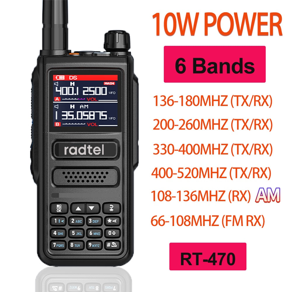 Radtel RT-470 6 Bands Amateur Ham Two Way Radio Station 256CH 10W Air Band Walkie Talkie NOAA LCD Color Police Scanner Aviation