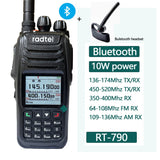 Radtel RT-790 Bluetooth Walkie Talkie 10W Amateur Ham Radio Station with Air Band Receive Color LCD Finger PTT Motorcycle helmet