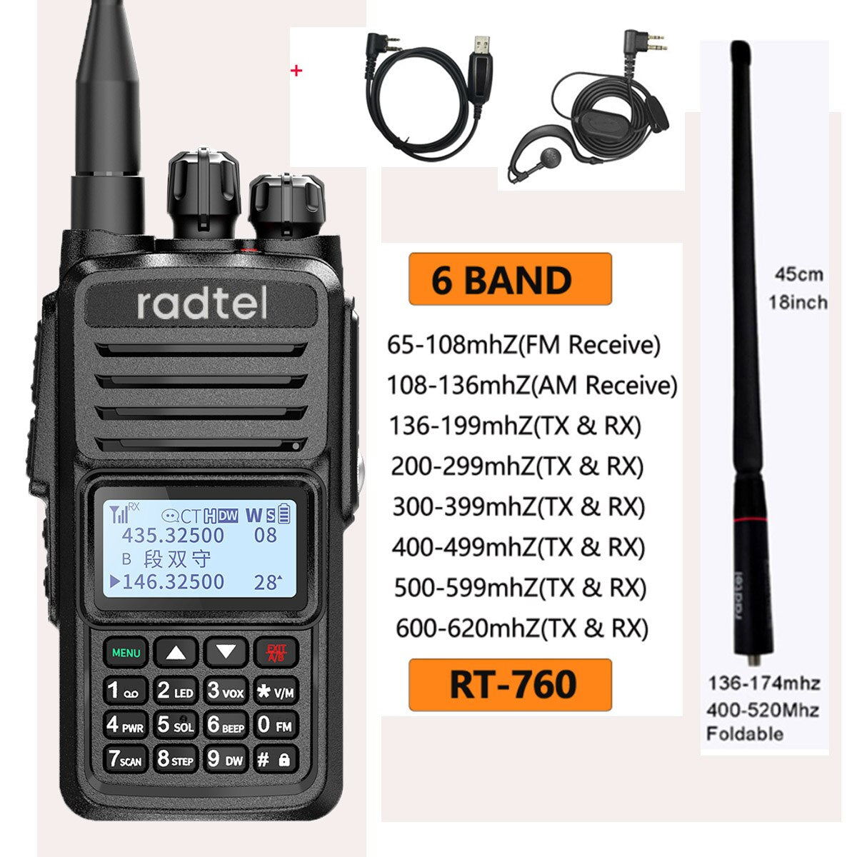 Radtel RT-760 Full Band Ham Radio 136-620Mhz Aviation frequency Receiv