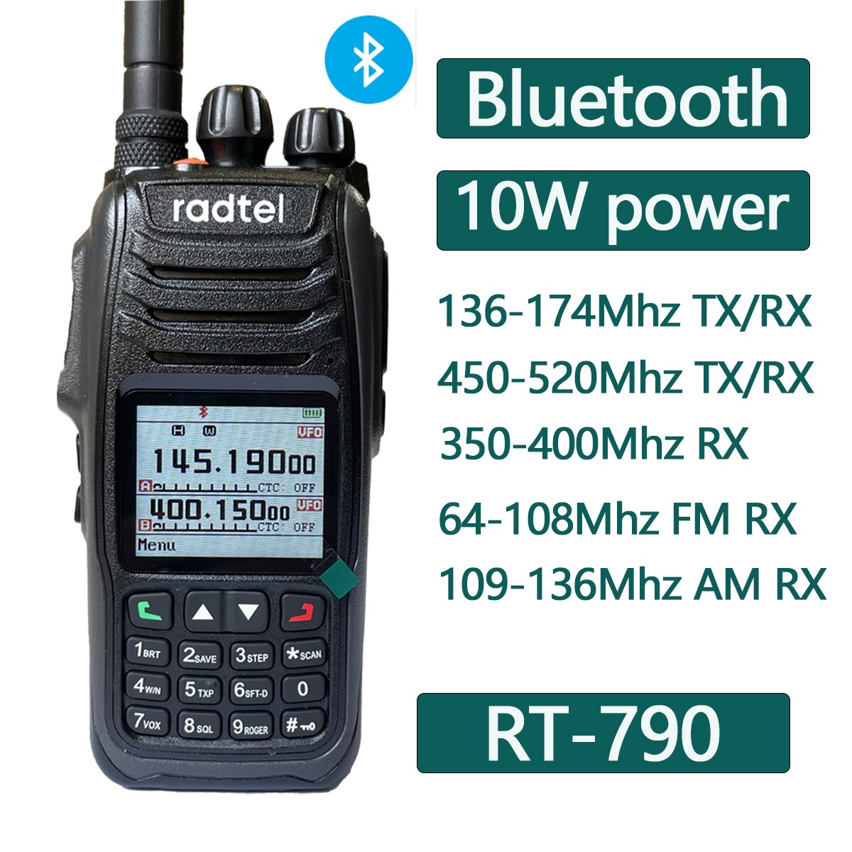 Radtel RT-790 Bluetooth Walkie Talkie 10W Amateur Ham Radio Station with Air Band Receive Color LCD Finger PTT Motorcycle helmet