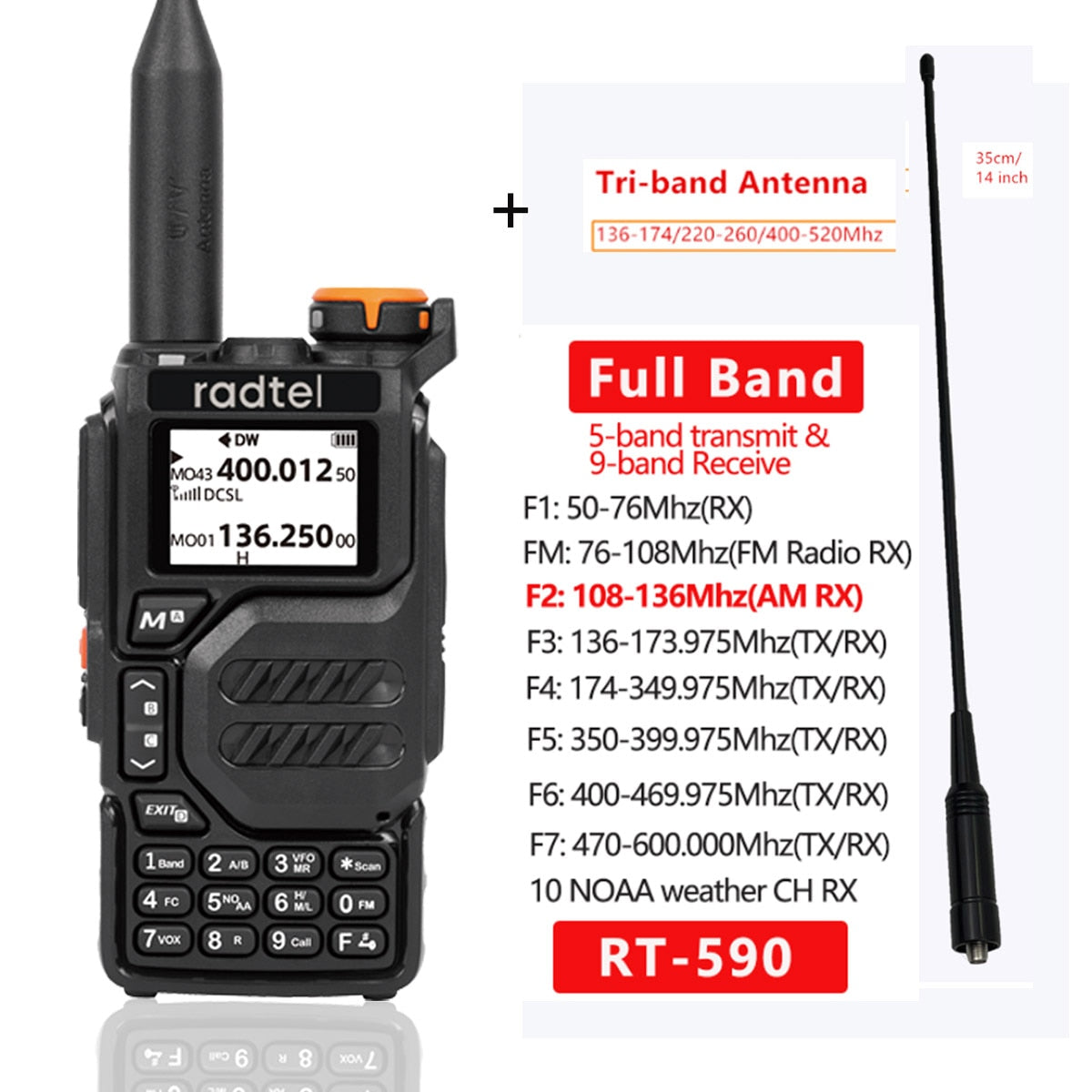 Radtel RT-590 Air Band Walkie Talkie Amateur Ham Radio Station UHF VHF 200CH Full Band HT with NOAA Channel AM Satcom Two Way Radio