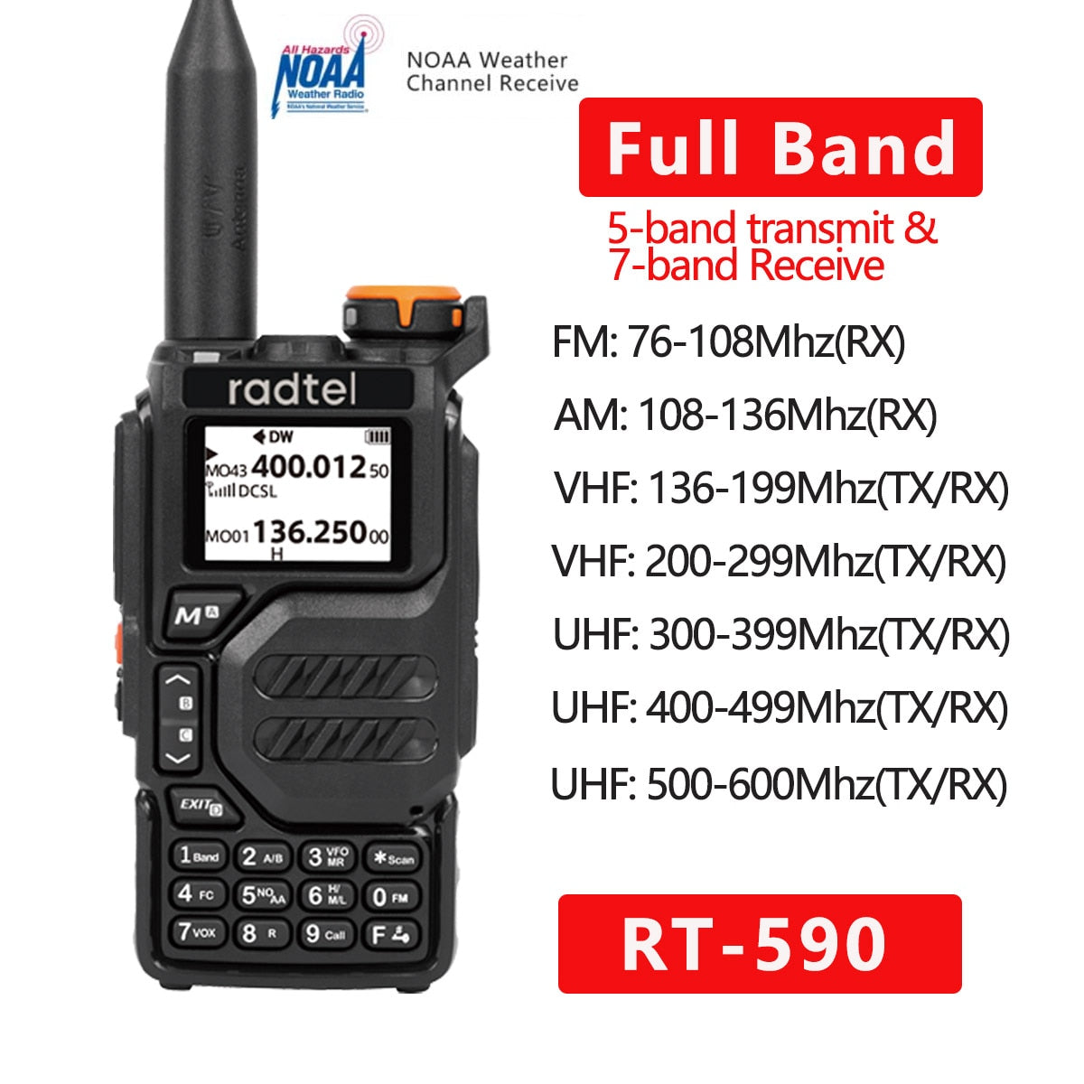 Radtel RT-590 Air Band Walkie Talkie Amateur Ham Radio Station UHF VHF 200CH Full Band HT with NOAA Channel AM Satcom Two Way Radio