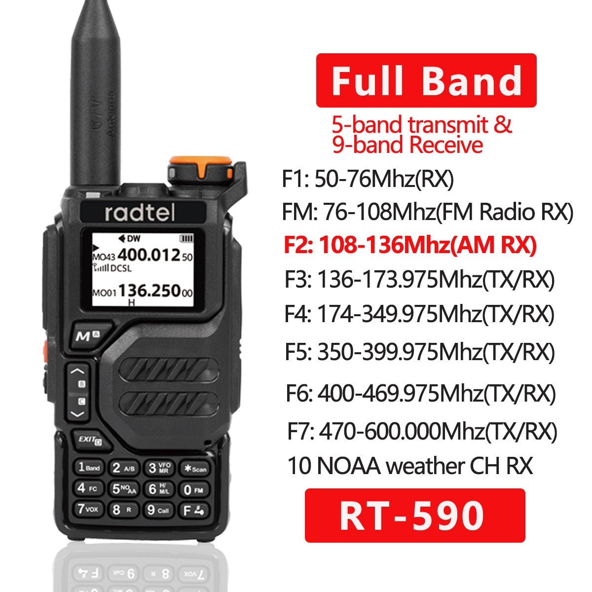 Radtel RT-590 Air Band Walkie Talkie Amateur Ham Radio Station UHF VHF  200CH Full Band HT with NOAA Channel AM Satcom Two Way Radio