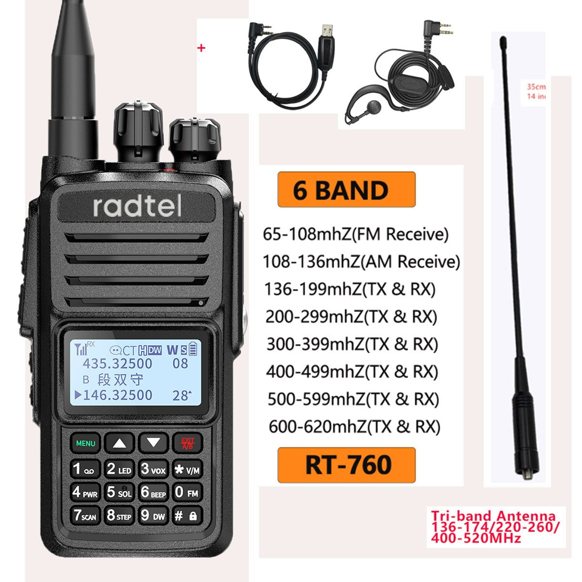 Radtel RT-760 Full Band Ham Radio 136-620Mhz Aviation frequency Receive Am FM Portable Two-Way Radio Station UHF VHF Transceiver